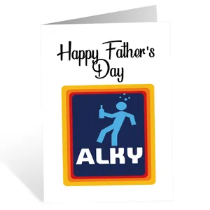 Dettaglio del divertente biglietto per la festa del papà con logo parodia ALKY su carta