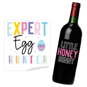 Funny Easter wine bottle labels with Expert Egg Hunter and Little Honey Bunny designs
