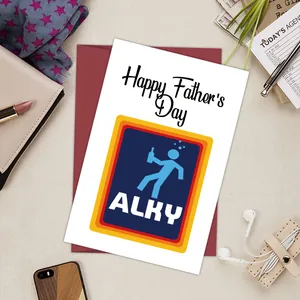 Dettaglio del divertente biglietto per la festa del papà con logo ALKY e busta rossa