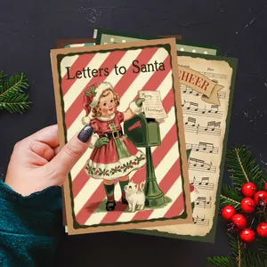 Detail of vintage Christmas cards with retro illustrations and festive kraft paper borders