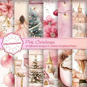 Detailansicht von 12 pinkfarbenen Weihnachts-Scrapbook-Papieren mit handgemalten Aquarellen
