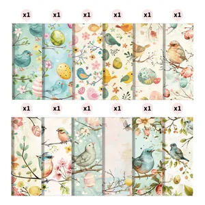 Set di 12 carte per scrapbooking pasquale con motivi floreali e uccelli
