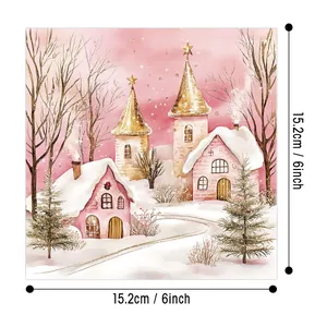 Rosa Aquarell-Weihnachts-Scrapbook-Papier mit Schneehütten-Motiv, 6x6 Zoll quadratisch