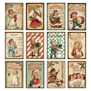 Set of 12 vintage Christmas postcards with festive illustrations for wall and desk decor