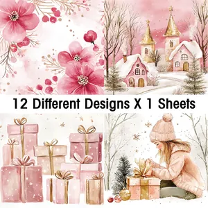Details von 12 Aquarell-Weihnachtspapieren in Rosa mit Blumen- und Winterlandschaften