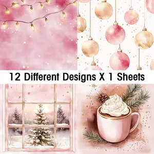 Makroansicht von 12 traumhaften rosa Weihnachts-Scrapbooking-Papieren mit Aquarellmotiven