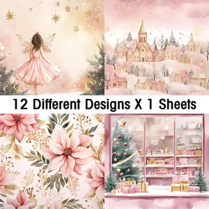 Nahaufnahme von 12 rosa Aquarell-Weihnachtspapieren für Scrapbooking mit Traum-Mustern