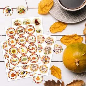 Adesivi di Sigillatura del Ringraziamento Etichette Regalo Tonde Tacchino Zucca Foglia di Acero Festa del Raccolto Autunnale Decalcomanie Autoadesive per Buste