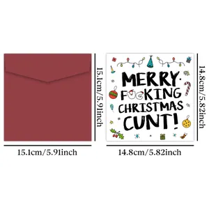 Detail showing funny Christmas card with festive graphics and matching red envelope