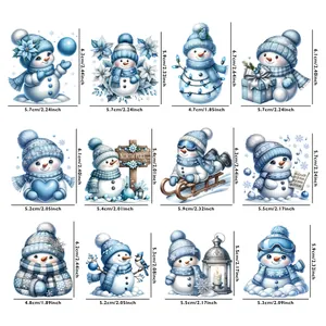 Detailed view of 12 blue snowman UV DTF transfer stickers with precise size measurements