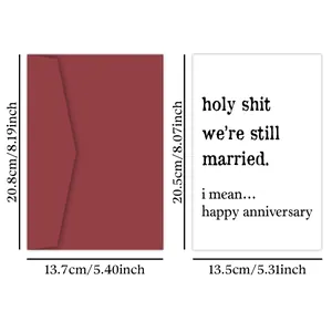 Detailed size chart for anniversary card and burgundy envelope in inches and centimeters