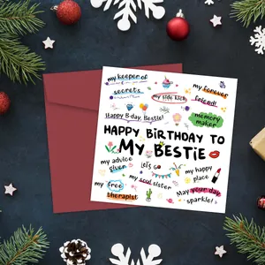 Set biglietto d'auguri quadrato con busta rosso vino e scarabocchi colorati divertenti