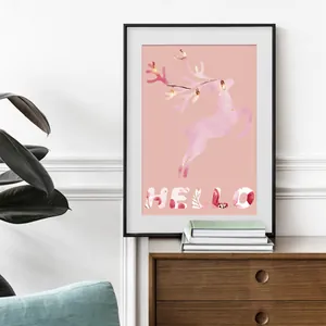 Rosa Aquarell Rentier Wandbild mit LED Effekt und Hello Text für moderne Heimdekoration