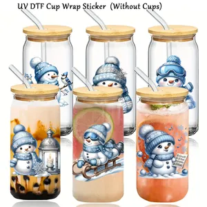 Blue winter snowman UV DTF cup wrap stickers for glass tumblers with cute holiday designs