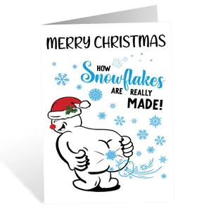 Funny Christmas card with snowman making snowflakes and white envelope in main view