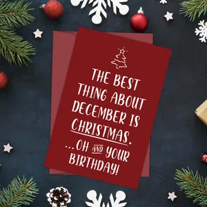 Deep red Christmas birthday card with white text surrounded by festive holiday ornaments