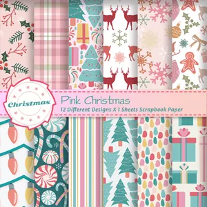 Präsentation von 12 rosa Weihnachts-Scrapbooking-Papieren mit festlichen Urlaubsmustern