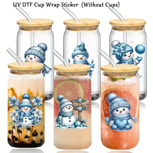 Blue winter snowman UV DTF cup wrap stickers for glass tumblers, set of 6 designs