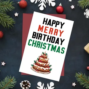 Macro view of Happy Merry Birthday Christmas card with a festive cake and red envelope