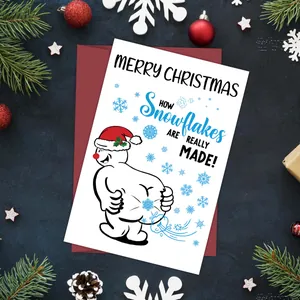 Funny Christmas card set with snowman illustration and red envelope on festive background