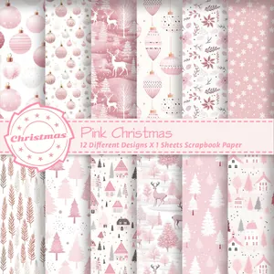 Detailansicht von 12 rosa Weihnachts-Scrapbook-Papieren mit Rentieren und Schneeflocken