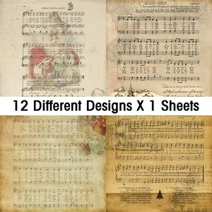 Λεπτομέρεια 12 vintage χαρτιών scrapbooking με χριστουγεννιάτικες παρτιτούρες και υφή