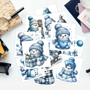 Detailed view of blue 3D snowman UV transfer stickers for glass with winter holiday theme