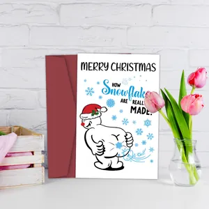 Funny snowman Christmas card with a red envelope and humorous holiday greeting text