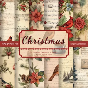 Macro view of 12 vintage Christmas scrapbooking papers with floral and music sheet patterns