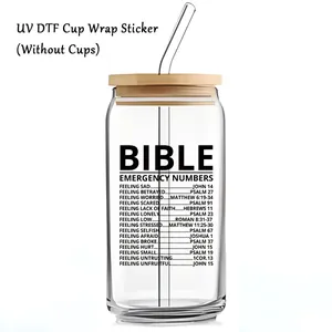 Autocollant UV DTF versets bibliques pour gobelet en verre de 16oz avec couvercle