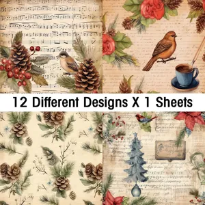 Macro detail of 12 vintage Christmas scrapbooking papers with music notes and floral patterns