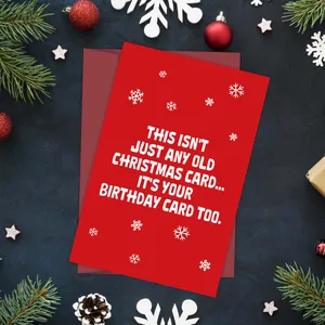 Red funny Christmas and birthday greeting card with envelope and festive ornaments