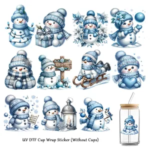 Blue Snowman UV DTF Cup Wrap Transfer Sticker For Libbey Glass Winter Christmas Theme Decal For DIY Water Bottle Decor