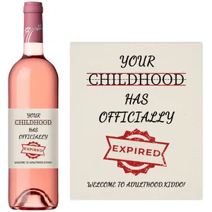 Funny Rosé wine label detail showing Your Childhood Has Officially Expired text for birthday