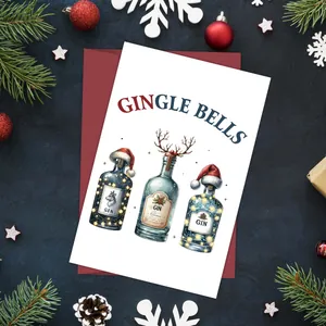 Weihnachtskarte mit Gingle Bells Text und rotem Umschlag mit festlicher Kieferndekor