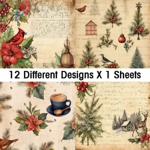 Macro detail of 12 vintage Christmas scrapbooking papers with retro musical score patterns