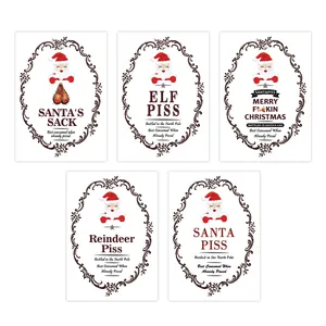 Detailed set of 5 funny Christmas wine bottle labels featuring Santa and Elf designs