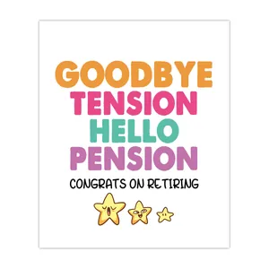 Detail of self-adhesive retirement wine label featuring colorful Goodbye Tension Hello Pension text