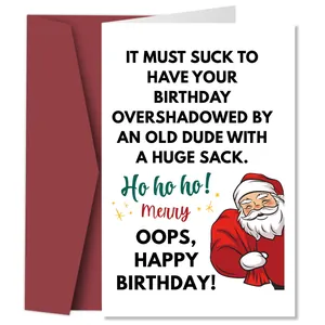 Funny Christmas birthday card with dark red envelope featuring a humorous Santa design