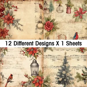 Detail of 12 vintage Christmas decorative papers featuring sheet music and retro floral patterns