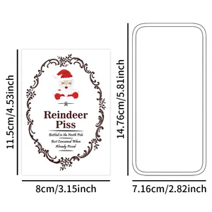 Detail showing humorous Christmas reindeer piss wine label sticker with Santa graphic