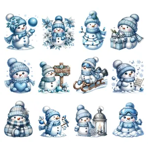 Set of 12 blue snowman UV transfer stickers for Christmas glassware and mugs decoration