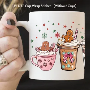 Autocollants UV DTF Noël avec bonhomme de pain d'épice et cacao pour verres 16oz