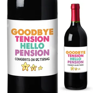 Detail showing self-adhesive retirement wine labels with Goodbye Tension print