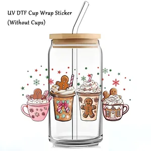 Autocollant de transfert UV DTF de Noël pour verre de 16oz avec motifs de pain d'épices