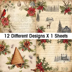 Detail of 12 vintage Christmas scrapbooking papers with music notes and winter motifs