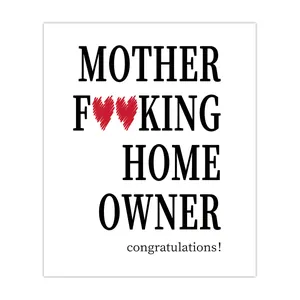 Close-up of funny self-adhesive wine labels for new home owners with bold black typography