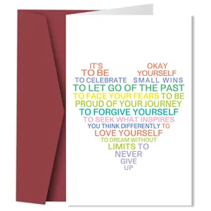 Juego de Tarjetas de Felicitación Con Texto de Corazón Inspirador Con Sobre Rojo Oscuro Tarjetas Motivadoras Con Letras de Arcoíris para Cumpleaños Boda Aniversario