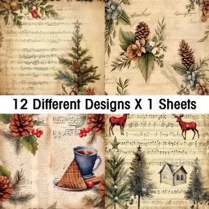 Detail showing vintage Christmas sheet music and botanical patterns on decorative papers