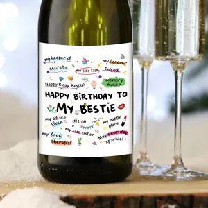 Pack de 4 etiquetas adhesivas de vino Happy Birthday con iconos coloridos dibujados a mano